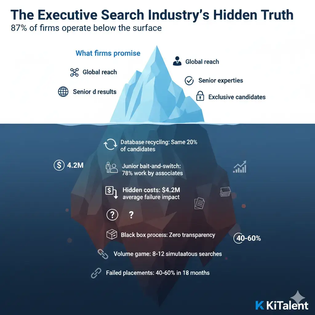 Iceberg representing hidden truths beneath the surface of executive recruiting failures - the vast majority of issues remain invisible to clients.